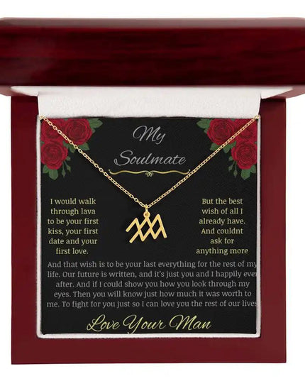 Zodiac Symbol Necklace with yellow gold charm in a mahogany box charm 11