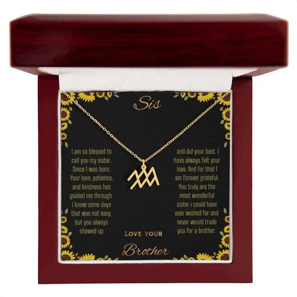 Zodiac Symbol Necklace with a yellow gold finish Aquarius charm on a to sis from brother greeting card inside a mahogany box