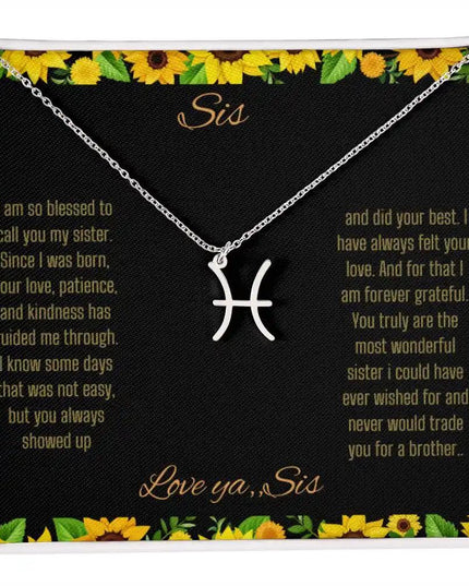 Zodiac Symbol Necklace with a polished stainless steel Pisces charm on a to sis from sis greeting card inside a two-tone box