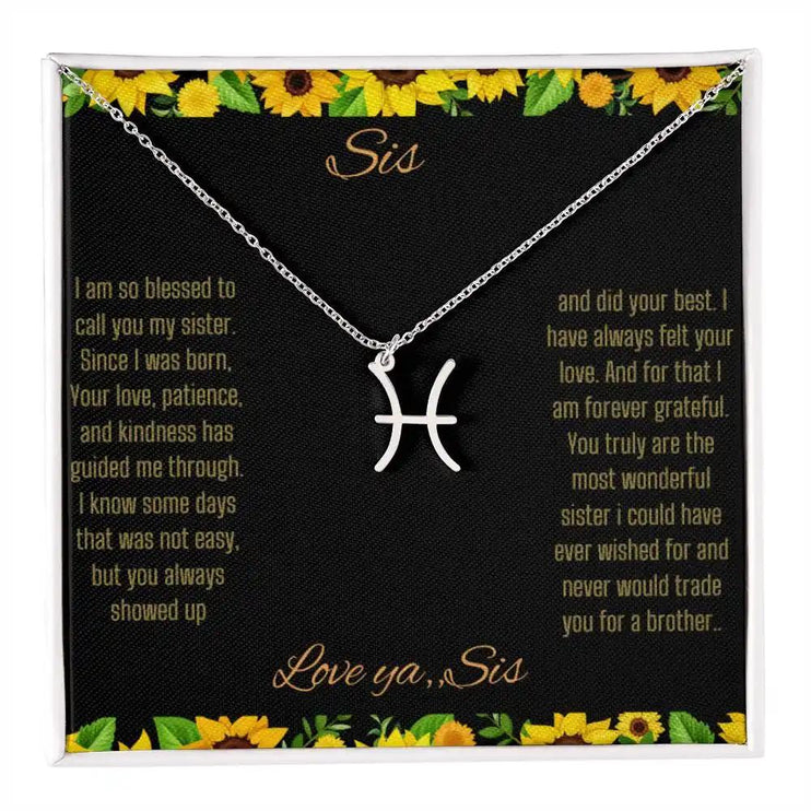Zodiac Symbol Necklace with a polished stainless steel Pisces charm on a to sis from sis greeting card inside a two-tone box