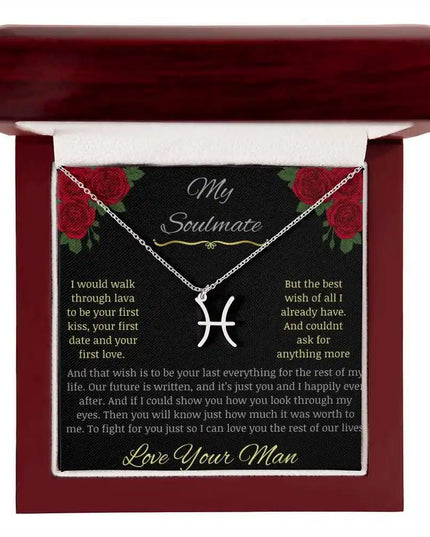 Zodiac Symbol Necklace with white gold charm in a mahogany box charm 12