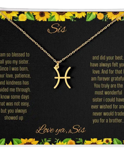 Symbol Necklace with a yellow gold finish Pisces charm on a to sis from sis greeting card inside a two-tone box