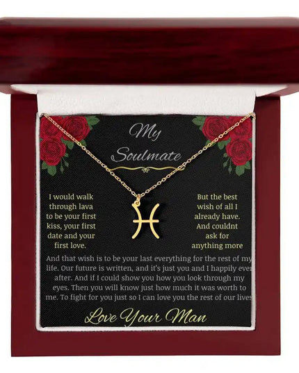 Zodiac Symbol Necklace with yellow gold charm in a mahogany box charm 12
