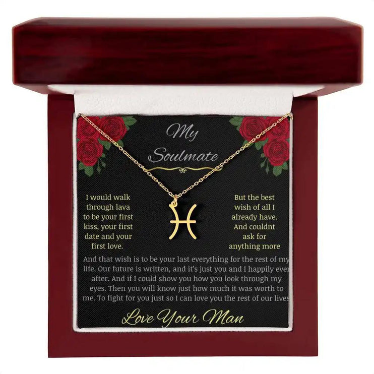 Zodiac Symbol Necklace with yellow gold charm in a mahogany box charm 12