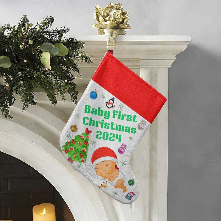 giant holiday stocking hanging on staircase