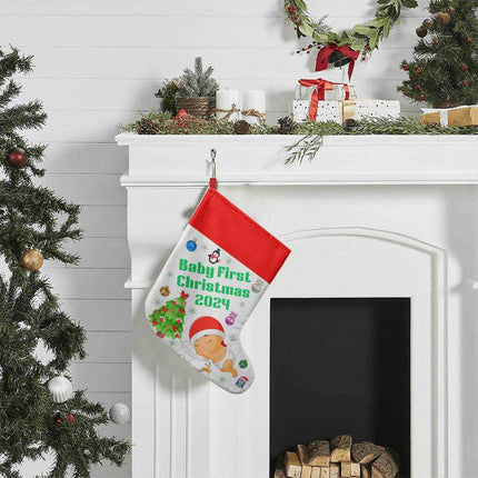 giant holiday stocking hanging on fireplace 
