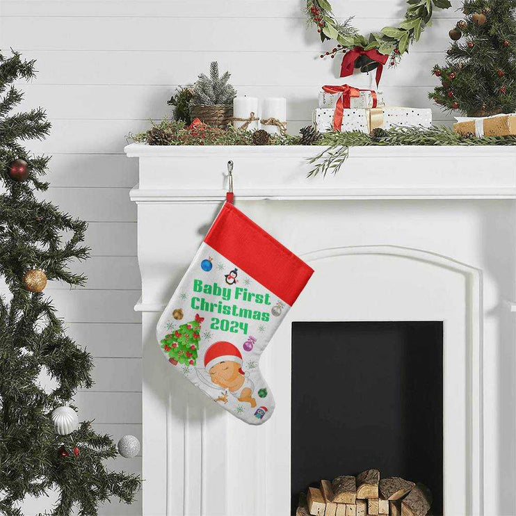 giant holiday stocking hanging on fireplace 