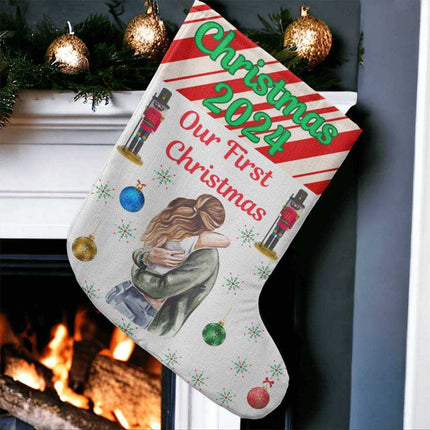 giant holiday stocking on fireplace up close