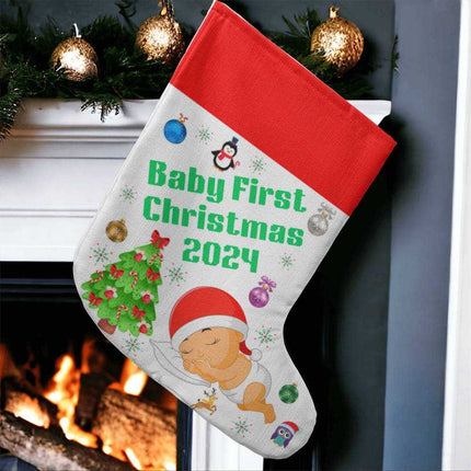 giant holiday stocking hanging on fireplace up close