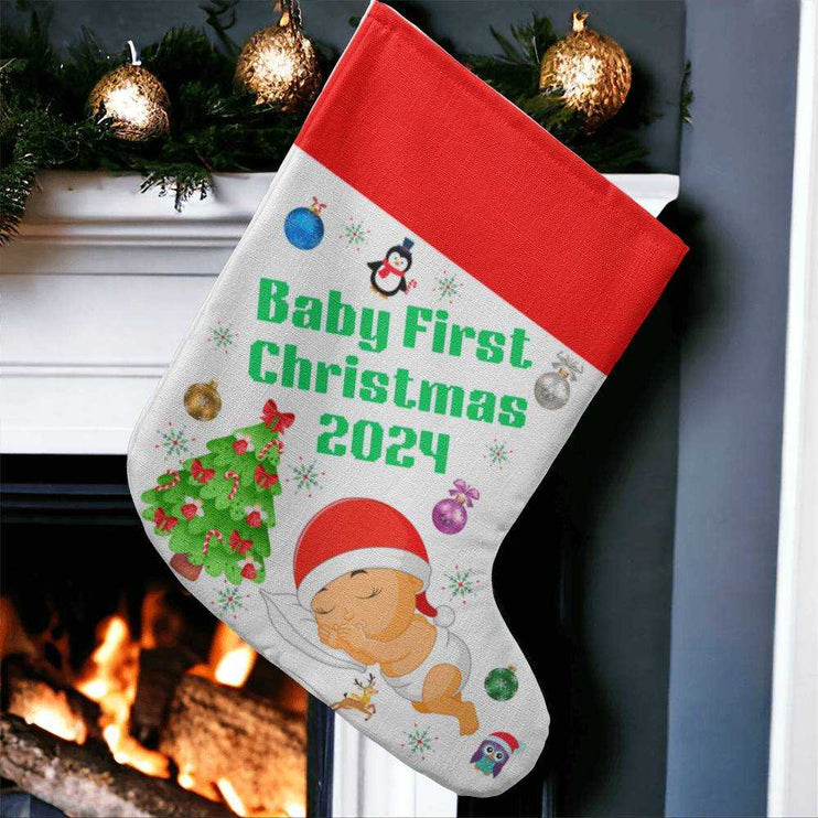 giant holiday stocking hanging on fireplace up close