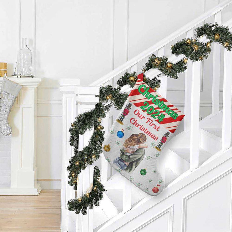 giant holiday stocking hanging on staircase