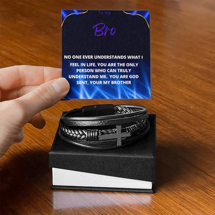 men's cross leather bracelet with to my brother message card and standard box with hand holding message card