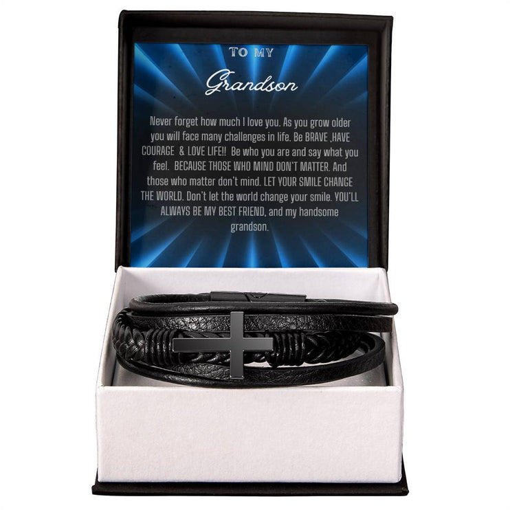 Men's Cross Bracelet in black vegan leather and in a two-tone box angle 1
