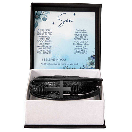 Men's Cross Bracelet in black vegan leather in a two-tone box angle 1