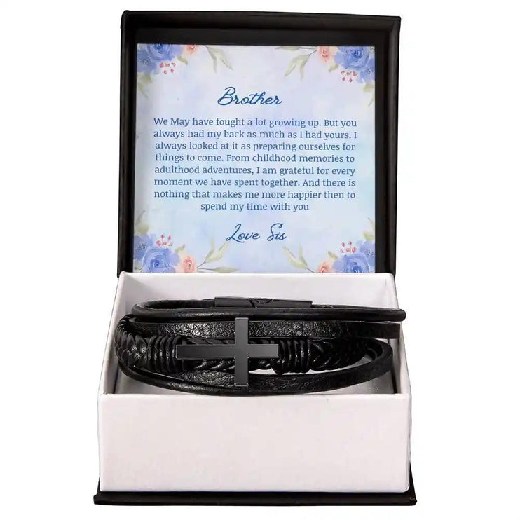 A men's cross leather bracelet in a two-tone box with a to brother card. 