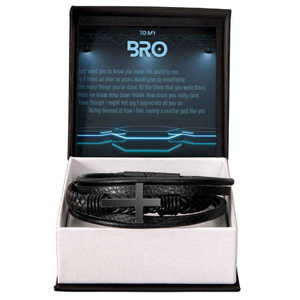 Men's Cross Bracelet in black vegan leather in a two-tone box angle 1