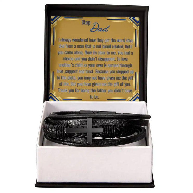 a men's cross leather bracelet in a two-tone box