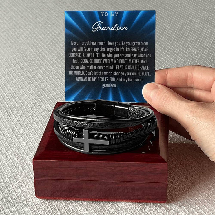 Men's Cross Bracelet in black vegan leather and in a mahogany box angle 2
