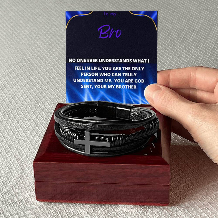 men's cross leather bracelet with to my brother message card and upgraded mahogany box with hand holding message card