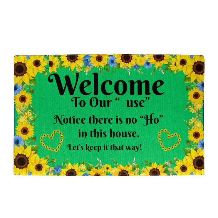 welcome mat un white back drop