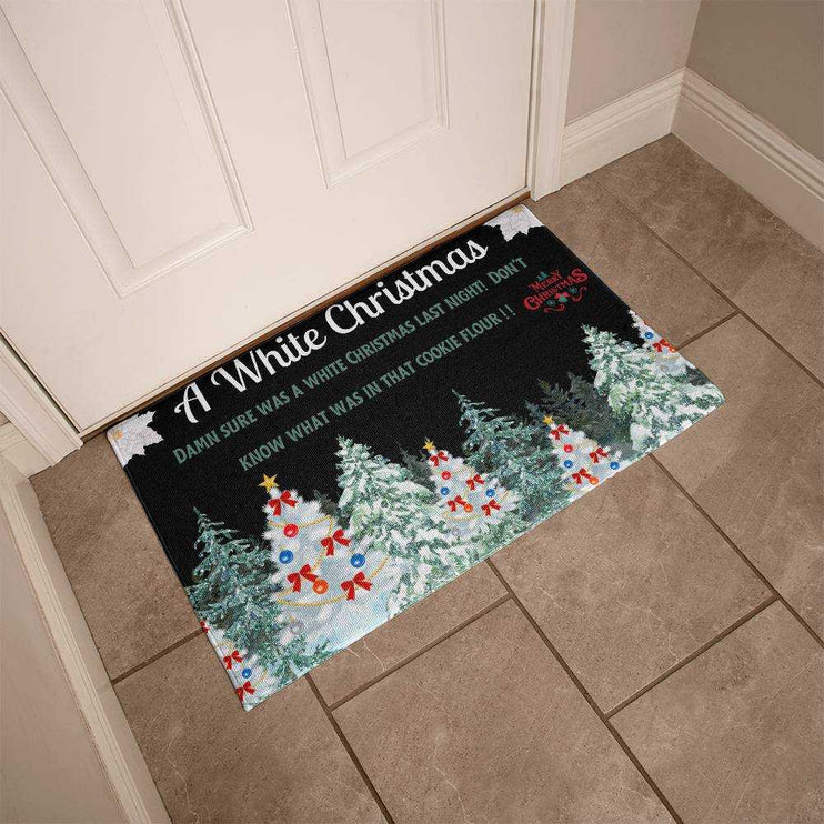 welcome mat in front of white door inside