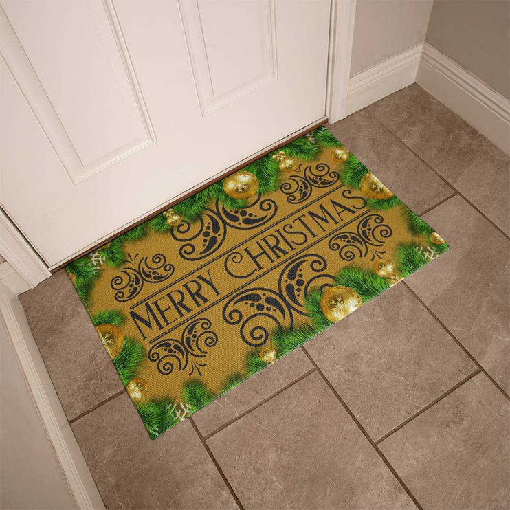 welcome mat by white front door angled to the left