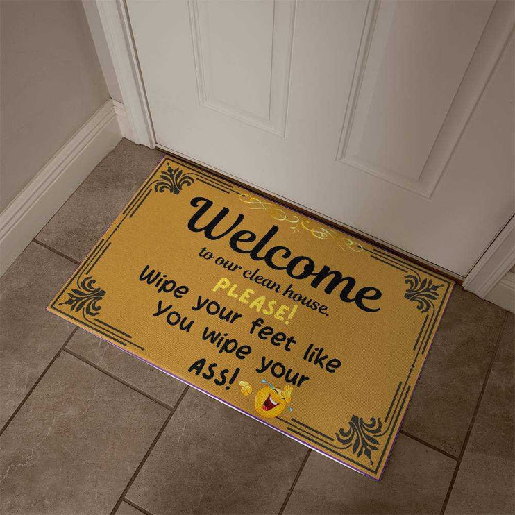 welcome mat by white door angled to the right