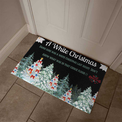 welcome mat in front of white door inside angled view
