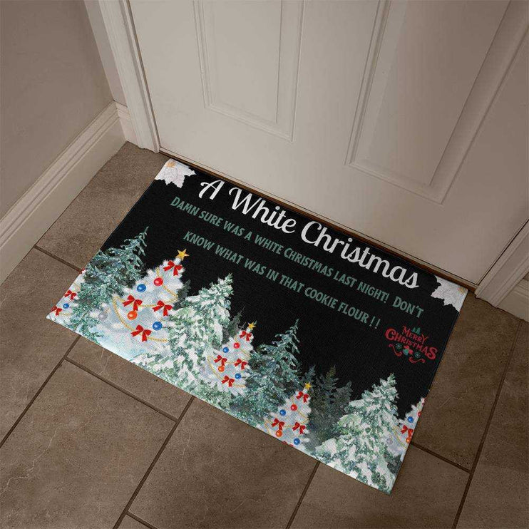 welcome mat in front of white door inside angled view
