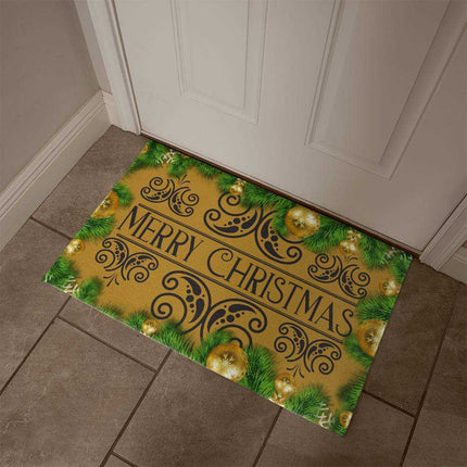 welcome mat by white front door angled to the right