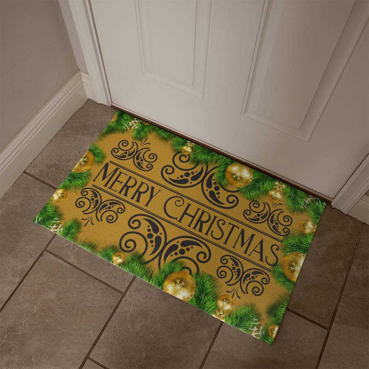 welcome mat by white front door angled to the right