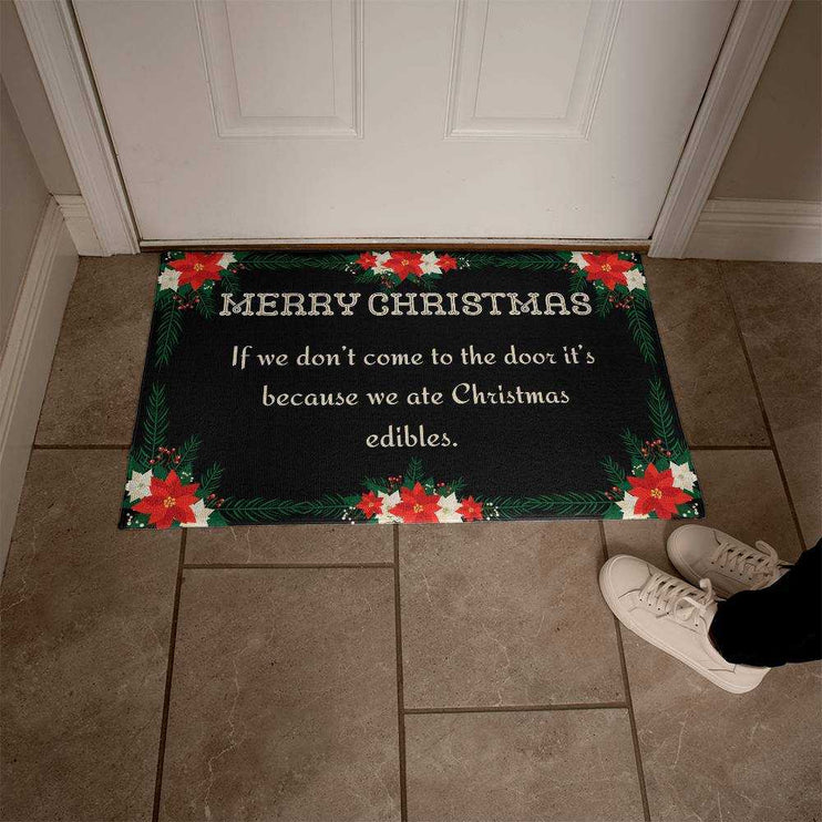 welcome mat by white door with model standing beside it