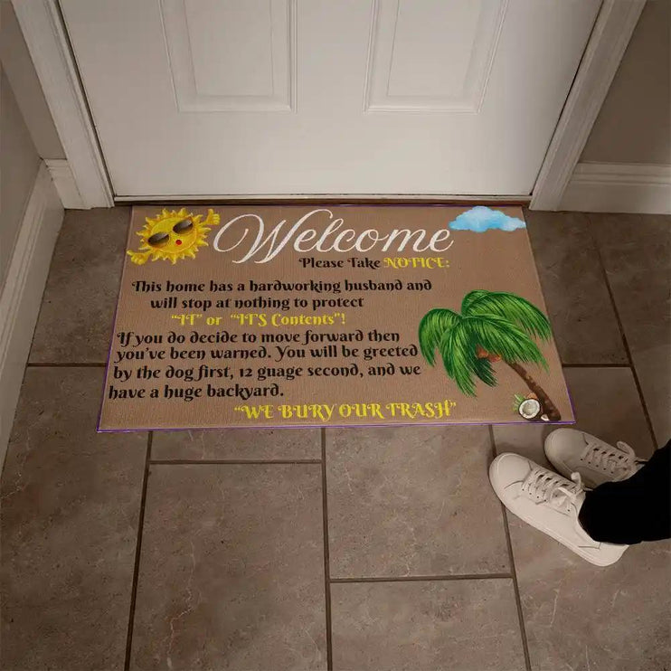 welcome mat by white front door