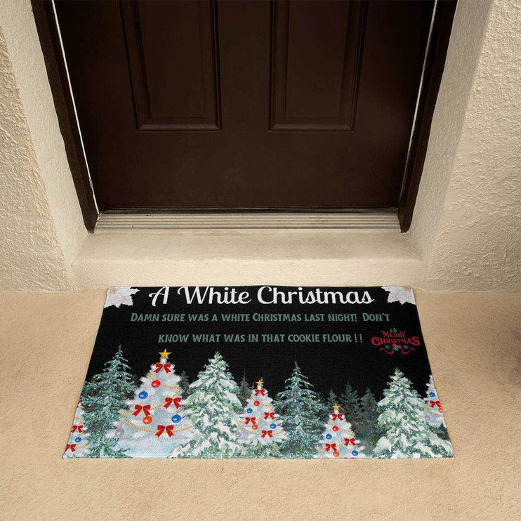 welcome mat in front of brown door outside