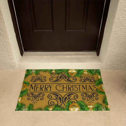 welcome mat by brown front door 