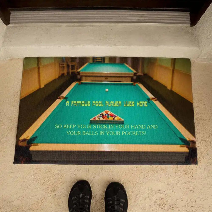a welcome mat beside someone's feet