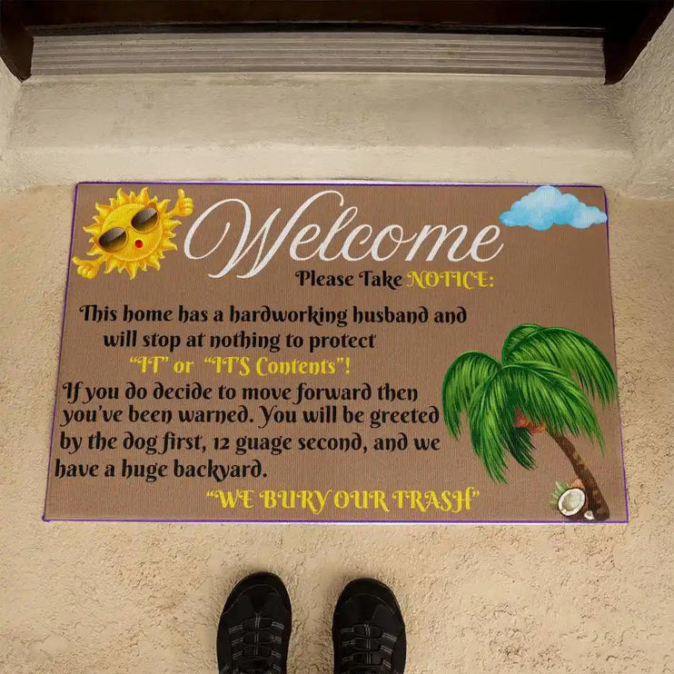 welcome mat by brown front door