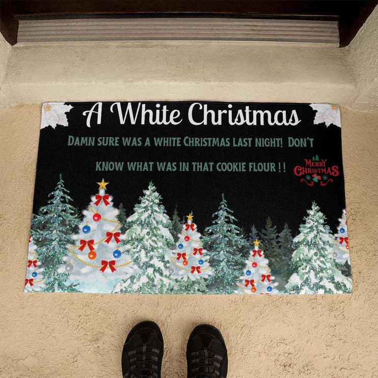 welcome mat in front of brown door with model standing beside it