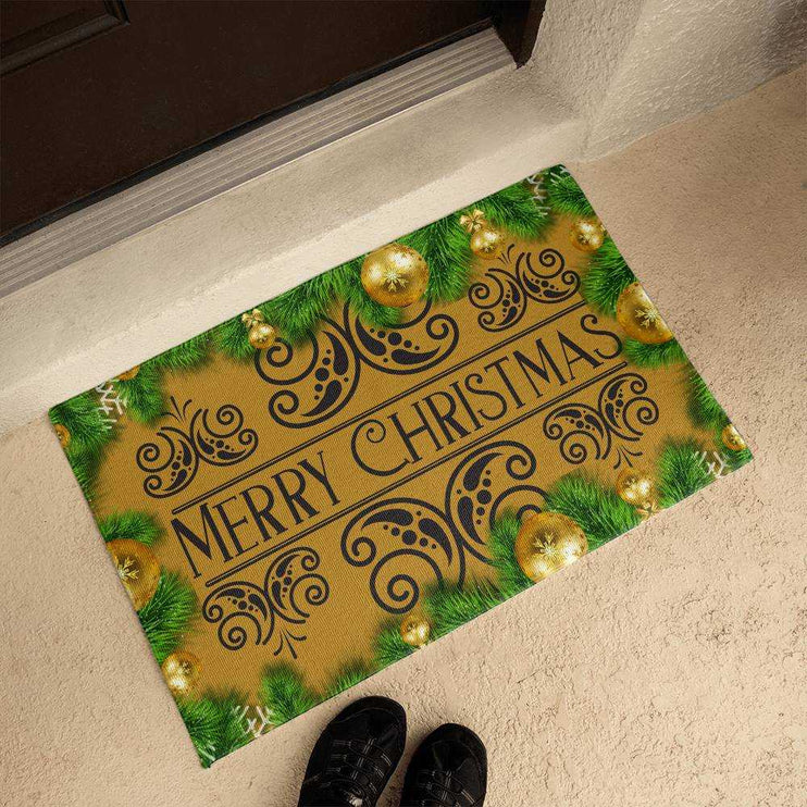 welcome mat by brown front door with model standing beside it