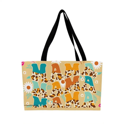 a large tote bag with mama design with black strap handles