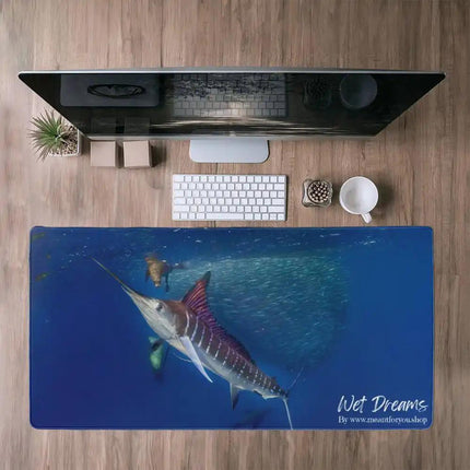a desk mat with striped marlin down view in front of computer