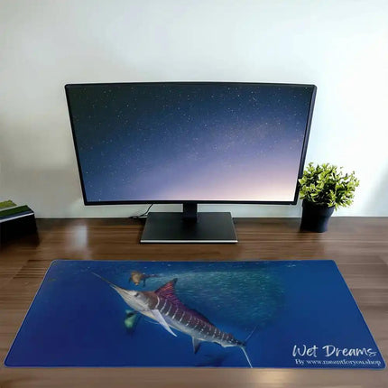 a desk mat with striped marlin with front view in front of computer