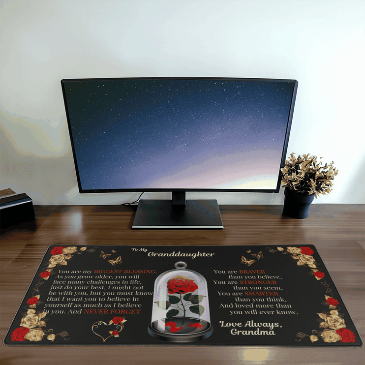 desk mat in front of computer