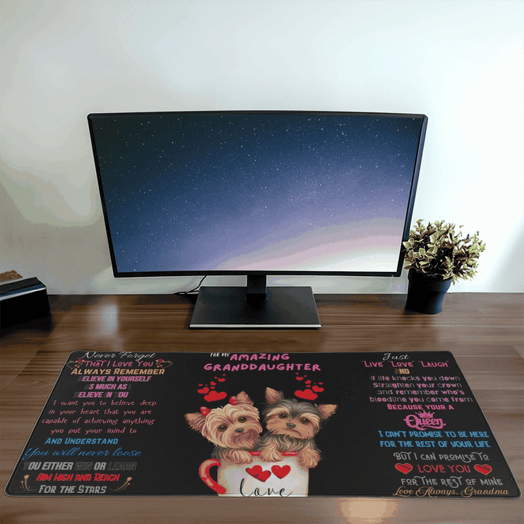 desk mat in front of a computer