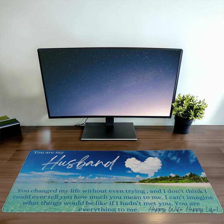 desk mat in front of computer