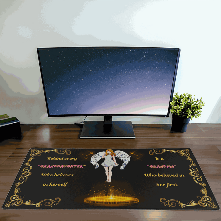 desk mat in front of a computer