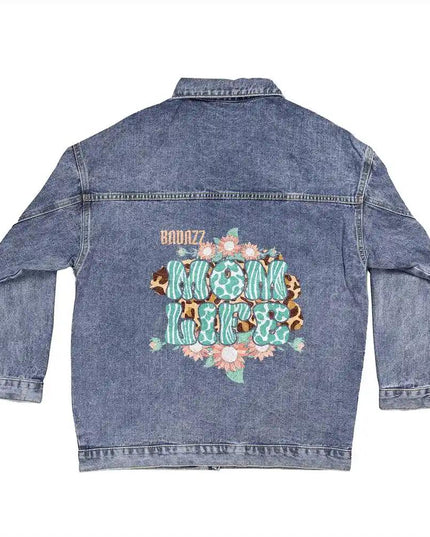 a DTG Denim Jacket with mom's life showing back of jacket