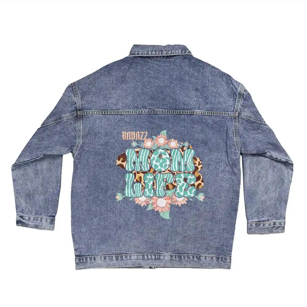 a DTG Denim Jacket with mom's life showing back of jacket