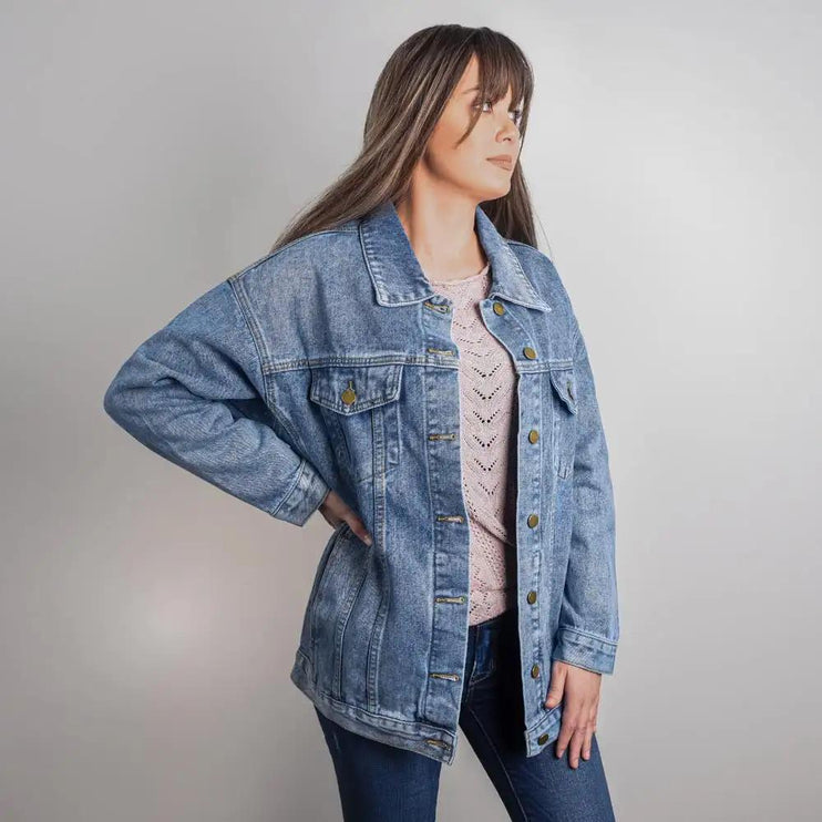 a DTG Denim Jacket with mom's life showing front of jacket on a different model