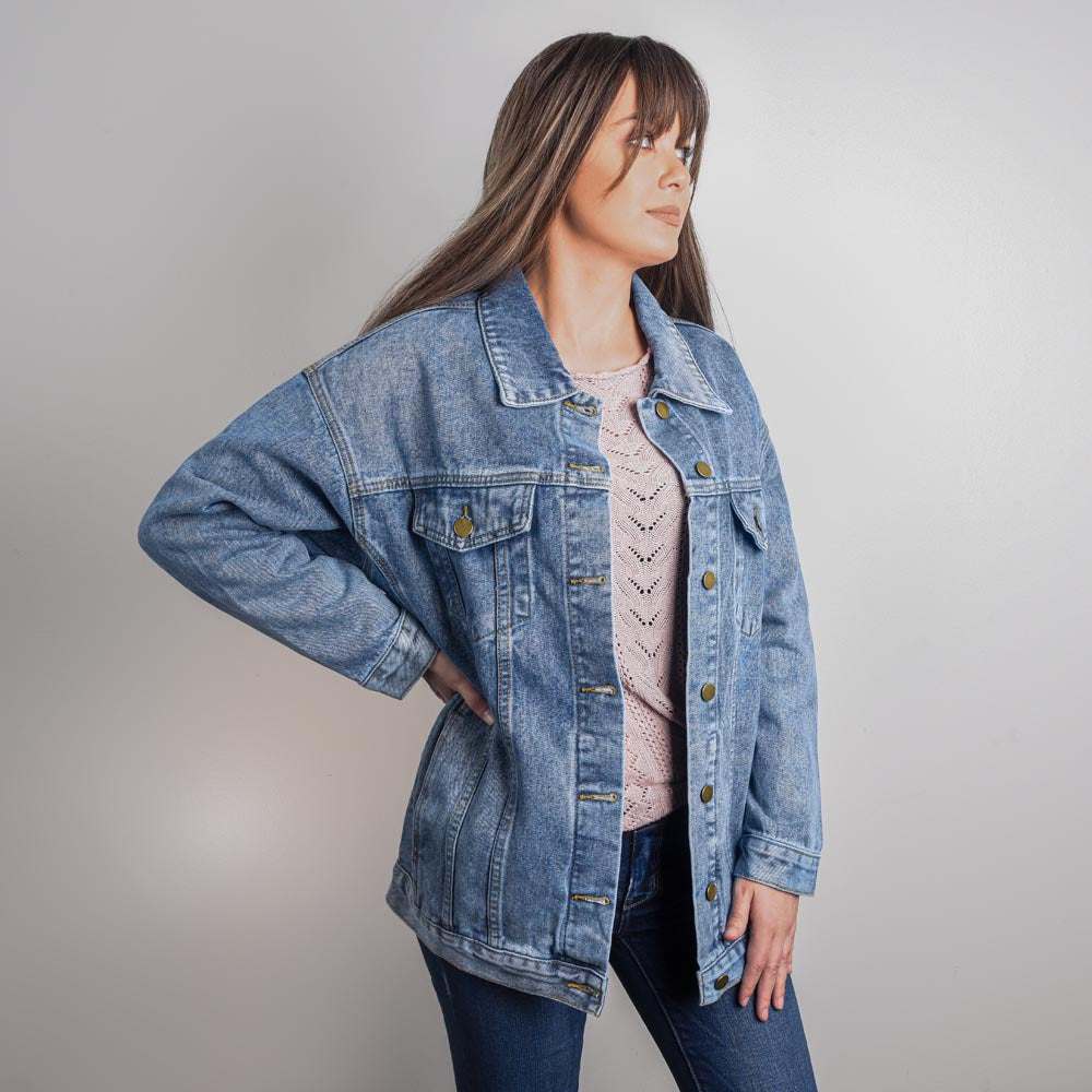 small DTG denim jacket on a model showing front